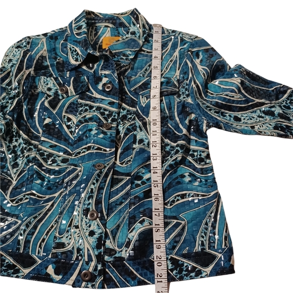 RUBY RD. Blue Black Swirl Print Iridescent Square Embellished Button Jacket 10P - Picture 4 of 5